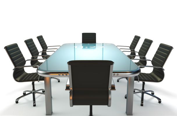 A modern concept showing an array of boardroom office chairs convened for a meeting around an illuminated smartphone mobile table - 3D render - Photo, Image