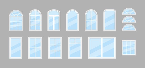 Cam pencere. Ev ve ofis çerçeveli pencere simgesi. Balkon için kemerli çift pencere. Mimari ya da dış mekan için asılmış cam. İnşaat için plastik pencere camı. İzole edilmiş ikonlar. Vektör. - Vektör, Görsel