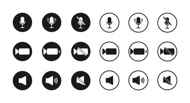 Ikone von Mikrofon, Ton und Kamera. Taste für Stummschaltung, Zoom und Mikrofon. Symbole der Schnittstelle für Video, Audio und Lautsprecher. Zeichen für Treffen, Konferenz, Online-Webinar. UI auf dem Computer. Vektor. - Vektor, Bild