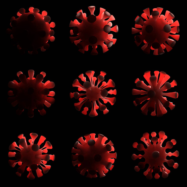 Um conceito mostrando uma matriz de várias partículas de moléculas de coronavírus em evolução e mutação em um fundo escuro renderização 3D - Foto, Imagem