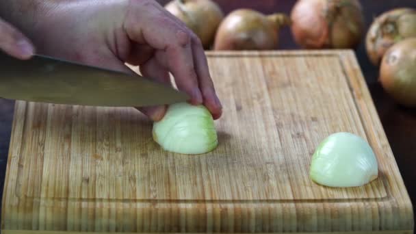 Chef cortando las cebollas en una tabla de madera - Metraje, vídeo