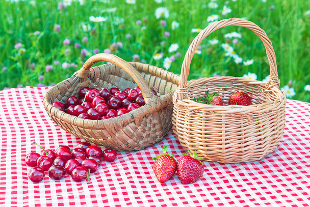 Jardinería de verano naturaleza muerta. Dos cestas de mimbre con cerezas maduras - Foto, Imagen