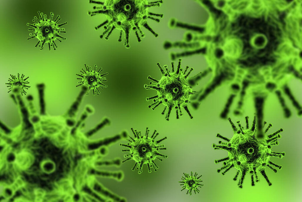 Coronavirus-Angriffskonzept, viele Virenangriffe auf grünem Hintergrund - Foto, Bild