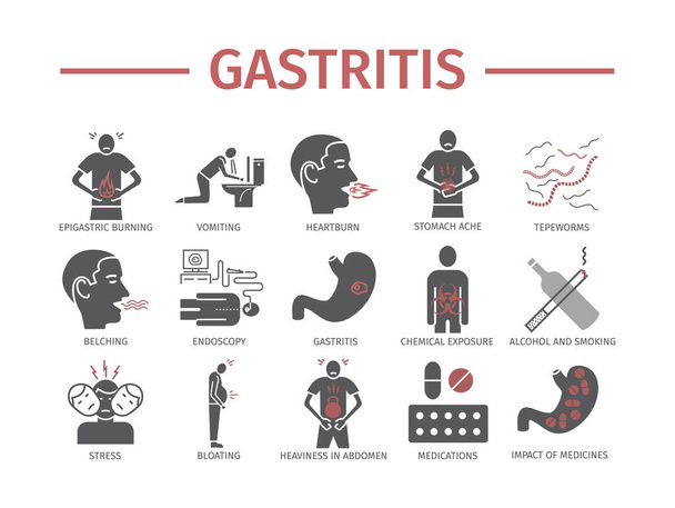 Gastritis. Symptome, Behandlung. Symbole setzen Vektorzeichen für Webgrafik - Vektor, Bild