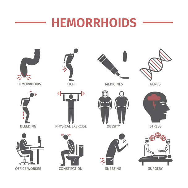 Icono de hemorroides Infografías. Síntomas, tratamiento. Signos vectoriales para gráficos web - Vector, imagen