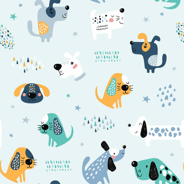 Padrão sem costura infantil com cães engraçados. Textura criativa em estilo escandinavo. Ótimo para tecido, têxtil Vector Ilustração - Foto, Imagem