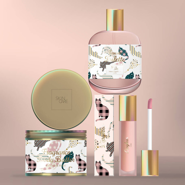 Vector skin care or Beauty Packaging Set with Perfume Glass Bottle, Body Cream Tin Jar and Lip Gloss Tube. Wzór Cat Drukuj Opakowanie. - Wektor, obraz
