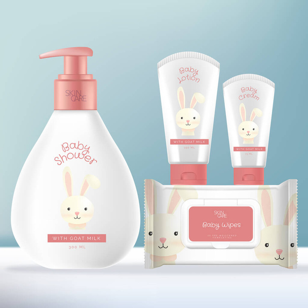 Vector Baby Toiletries or Skincare Packaging Bundle with Shampoo or Baby Wash Pump Bottle, Face and Hand Cream tube and Baby Wipes Foil Sachet Pack. Rabbit Illustration Print. - Vector, Image