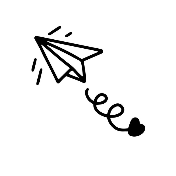  Avião de papel isolado em fundo branco.ilustração vetorial em estilo doodle. Design para o Dia dos Namorados - Vetor, Imagem
