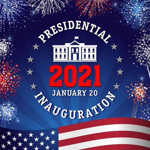Presidentiële Inhuldiging 2021, belettering en vuurwerk. Amerikaans president Inauguratie concept 20 januari, Witte Huis en begroet met vlag op de achtergrond. Vectorillustratie - Vector, afbeelding