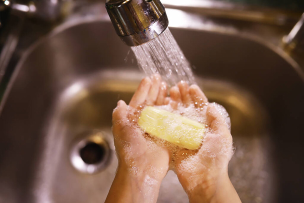 Hygiene rules. Hand washing before meals. Antibacterial treatment hands with soap. A way to prevent virus infection. Coronavirus protection. - Photo, Image