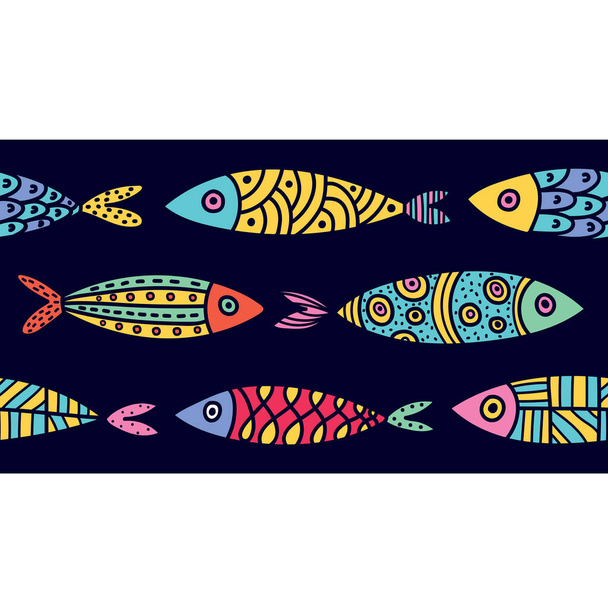 Vector seamless horizontal border with fish. Cute sardines. - Vector, Image