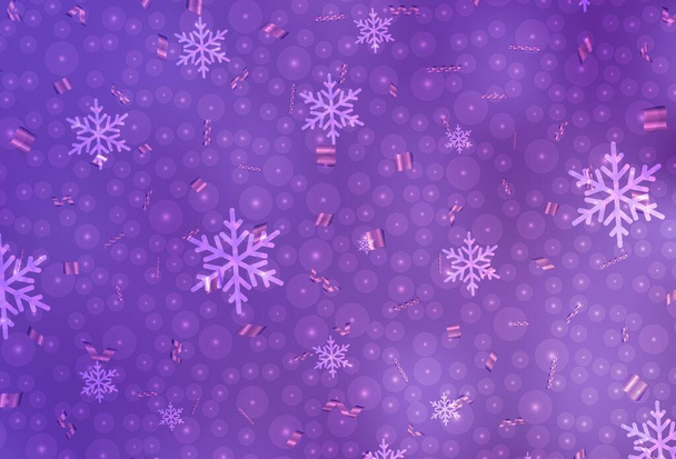 Patrón vectorial púrpura claro en estilo navideño. Ilustración colorida con nieve y bolas de Navidad de año nuevo. Diseño inteligente para la promoción de la universidad. - Vector, imagen