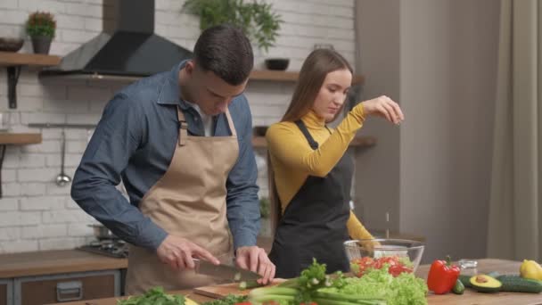 Happy couple enjoying cooking time together at home. Side view of young man cutting vegetables for dinner and talking to boyfriend standing near. Cheerful man and woman in love making dinner - Footage, Video