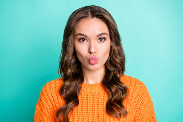 Portrait of young beautiful attractive cute sweet nice lovely girl with wavy hair pout lips isolated on teal color background - Fotografie, Obrázek