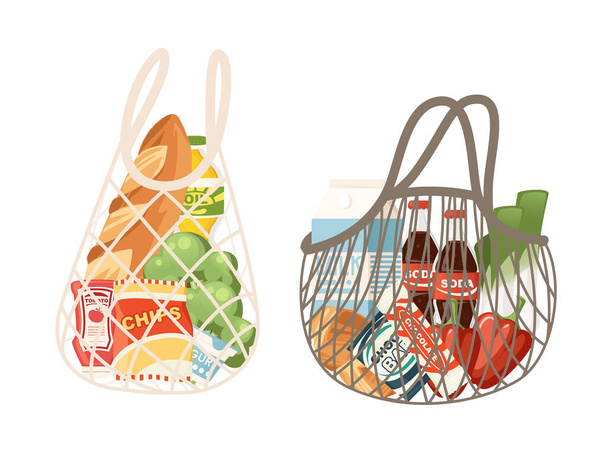 ECO BAG set met verschillende type tassen voor boodschappentassen gevuld met boodschappen uit de winkel platte vector illustratie op witte achtergrond. - Vector, afbeelding