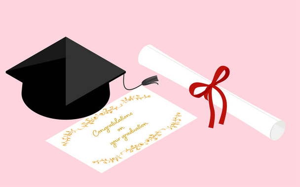 Ballagási kép, gratuláló üzenet, diploma és kalap, izometrikus - Vektor, kép