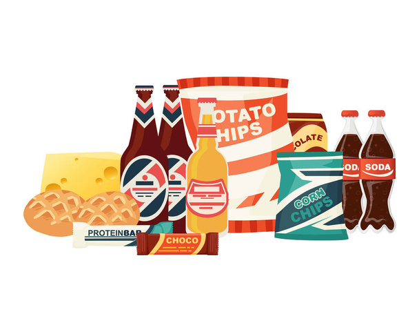 Soda beer potato chips and chocolate bar snack product set flat vector illustration on white background. - Vector, Image