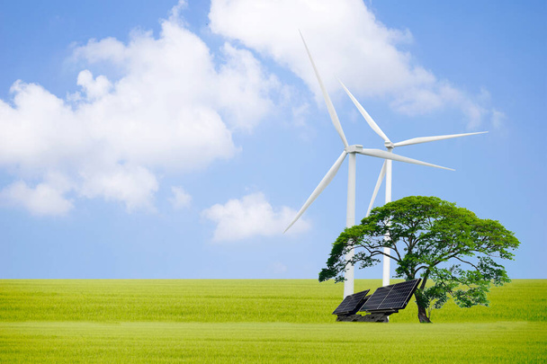 Környezetvédelmi koncepciók Tiszta energia, szélturbinák, napelemek és fák - Fotó, kép