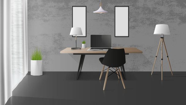 Modern munkahely egy elegáns tetőtéri szobában. Faasztal, laptop, szék, asztali lámpa. Irodatervezési elem. Reális vektor - Vektor, kép