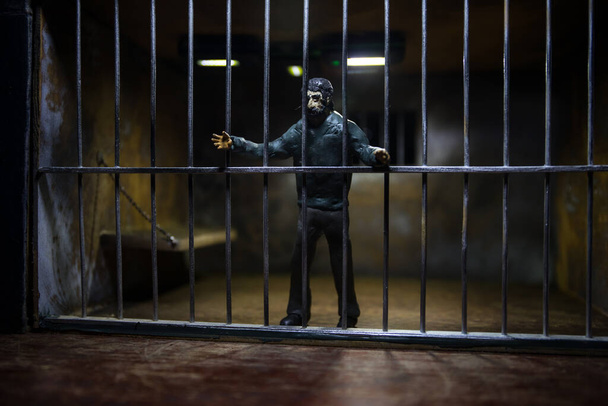 Man in prison man behind bars concept. Old dirty grunge prison miniature. Dark prison interior creative decoration. Selective focus - Photo, Image
