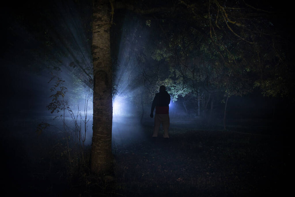 Силуэт человека, стоящего в темном лесу со светом. Концепция Хэллоуина ужасов. Странный силуэт в темном жутком лесу ночью - Фото, изображение