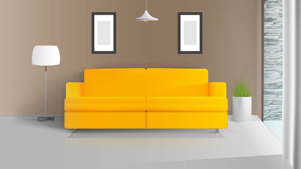 Interior moderno. Quarto com paredes bege. Sofá amarelo, lâmpada de assoalho com abajur branco, panela de grama. Ilustração vetorial - Vetor, Imagem