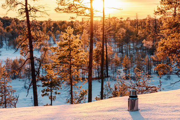 Thermos in the winter forest at sunset of the day with sunset. Winter tourism and travel concept - Fotografie, Obrázek
