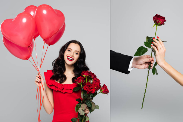 collage of happy woman holding red heart-shaped balloons and receiving rose from man isolated on grey - Photo, Image