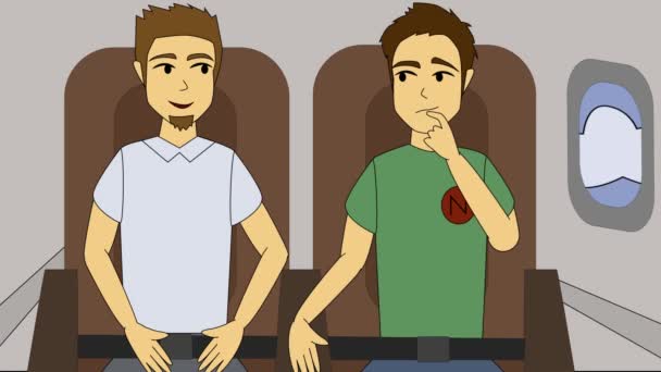 Two caucasian man sitting in plane. Airplane flying in sky. Travel concept - Footage, Video