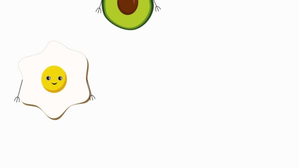 Leuke grappige vrolijke cartoon ei, avocado, zalm en amandel hand in hand op witte achtergrond. Ketogeen dieet. Keto liefde. Gezond levensstijl concept - Video