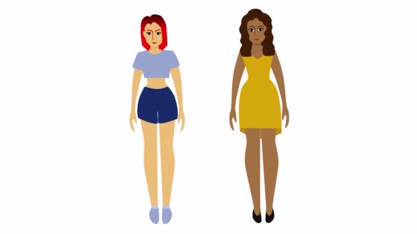 Νεαρή λευκή γυναίκα με κόκκινα μαλλιά και Αφροαμερικανή με κίτρινο φόρεμα που κρατιέται χέρι-χέρι. Κινούμενα σχέδια, κινούμενα σχέδια που απομονώνονται σε λευκό φόντο. Διεθνής φιλία, μικτή φυλετική έννοια - Πλάνα, βίντεο