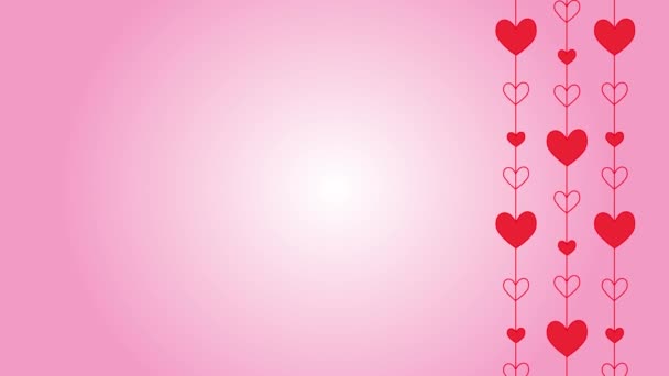 Lo sfondo di San Valentino con i cuori. Spostamento animato cuori rossi su sfondo sfumato rosa. Festa di San Valentino, biglietto d'auguri modello con spazio per la copia - Filmati, video