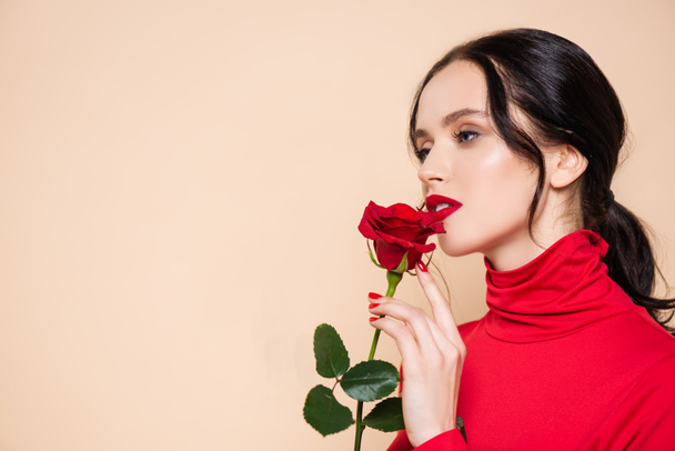 sensual woman with red lips holding red rose and looking away isolated on pink - Photo, Image