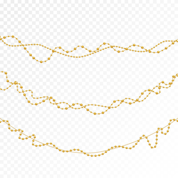 Sammlung von goldenen Urlaubsperlen isoliert auf weißem Hintergrund. Realistische Halskette aus feinen Perlen. Business Dekor Element für Design. - Vektor, Bild