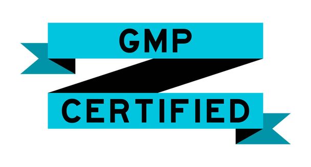 白の背景に認定された単語GMP(Good Manufacturing Practice)とヴィンテージブルーのリボンバナー - ベクター画像