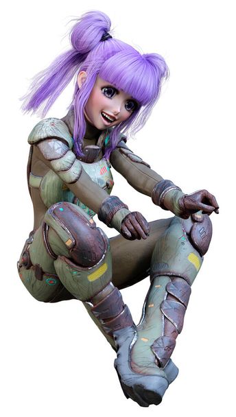 3D rendering of an anime teenager girl with purple hair in an astronaut suit isolated on white background - Foto, Imagen