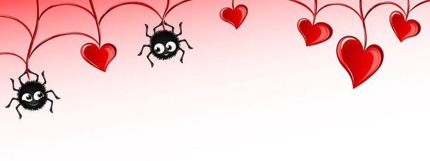 Zwei niedliche Cartoon-Spinnen haben zum Valentinstag ein festliches Netz mit Herzen gewebt - Vektor, Bild