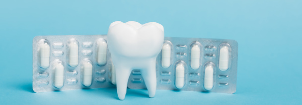 Modèle blanc de dent une plaquette thermoformée avec des pilules sur fond bleu, bannière  - Photo, image