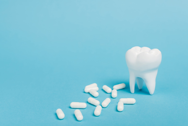 Close up view of white pills and tooth model on blue background - Photo, Image