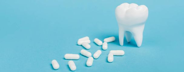 Close-up vista de pílulas brancas perto do modelo de dente no fundo azul, banner  - Foto, Imagem