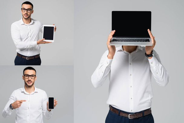 collage of hispanic businessman pointing with finger at smartphone, showing digital tablet, and obscuring face with laptop isolated on grey - Photo, Image