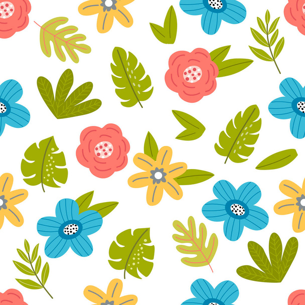 Nahtloses Muster mit dem Bild blauer, roter, gelber Blumen und Blätter auf weißem Hintergrund in Vektorgrafik. Für die Gestaltung von Drucken für Textilien, Bekleidung, Verpackungen, Taschen - Vektor, Bild