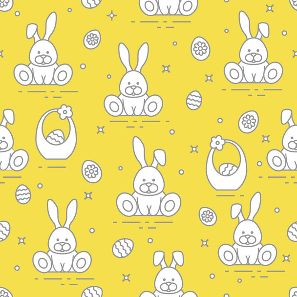 Seamless pattern with Easter symbols. Rabbits, eggs, baskets of decorated eggs.  Illuminating and Ultimate Gray. - Вектор, зображення