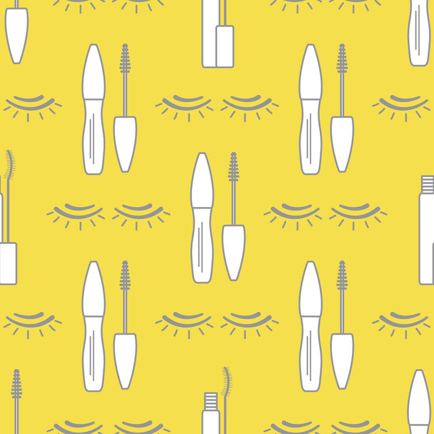 Vector seamless pattern with eyelashes, mascara. Decorative cosmetics, makeup background. Glamour fashion vogue style. Design for banner, poster or print. Illuminating and Ultimate Gray. - ベクター画像
