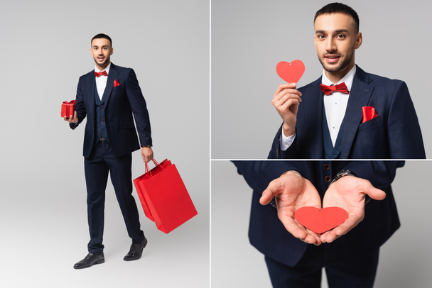 collage of young hispanic man in elegant suit holding valentines day presents on grey - Foto, afbeelding