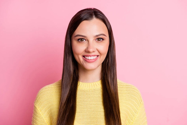 Portrait of young beautiful attractive smiling cheerful good mood girl look camera isolated on pink color background - Foto, Imagen