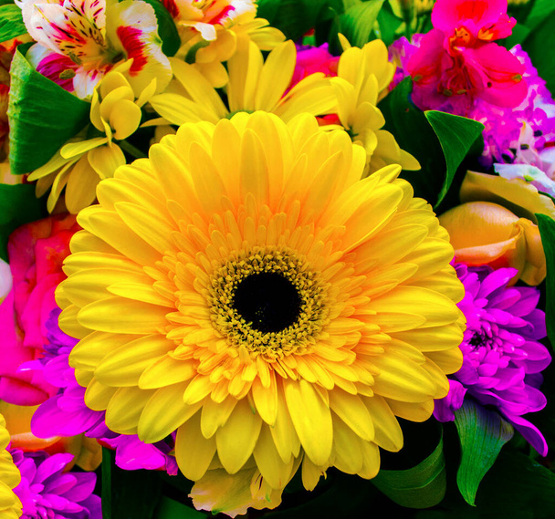 bouquet of flowers roses gerbera flowers carnations - Photo, Image