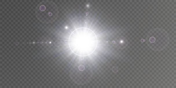 Efecto de luz de destello de lente especial de luz solar transparente abstracta.Desenfoque vectorial en el resplandor del movimiento. Fondo transparente aislado. Elemento decorativo. Rayos de explosión de estrellas horizontales y proyector. - Vector, imagen