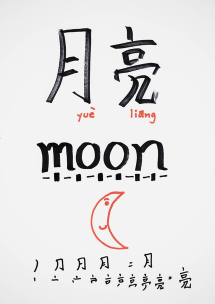 Käsiala Kiinan sanoja kynällä, valkoisella paperilla.In Englanti kieli tarkoittaa Moon - Valokuva, kuva